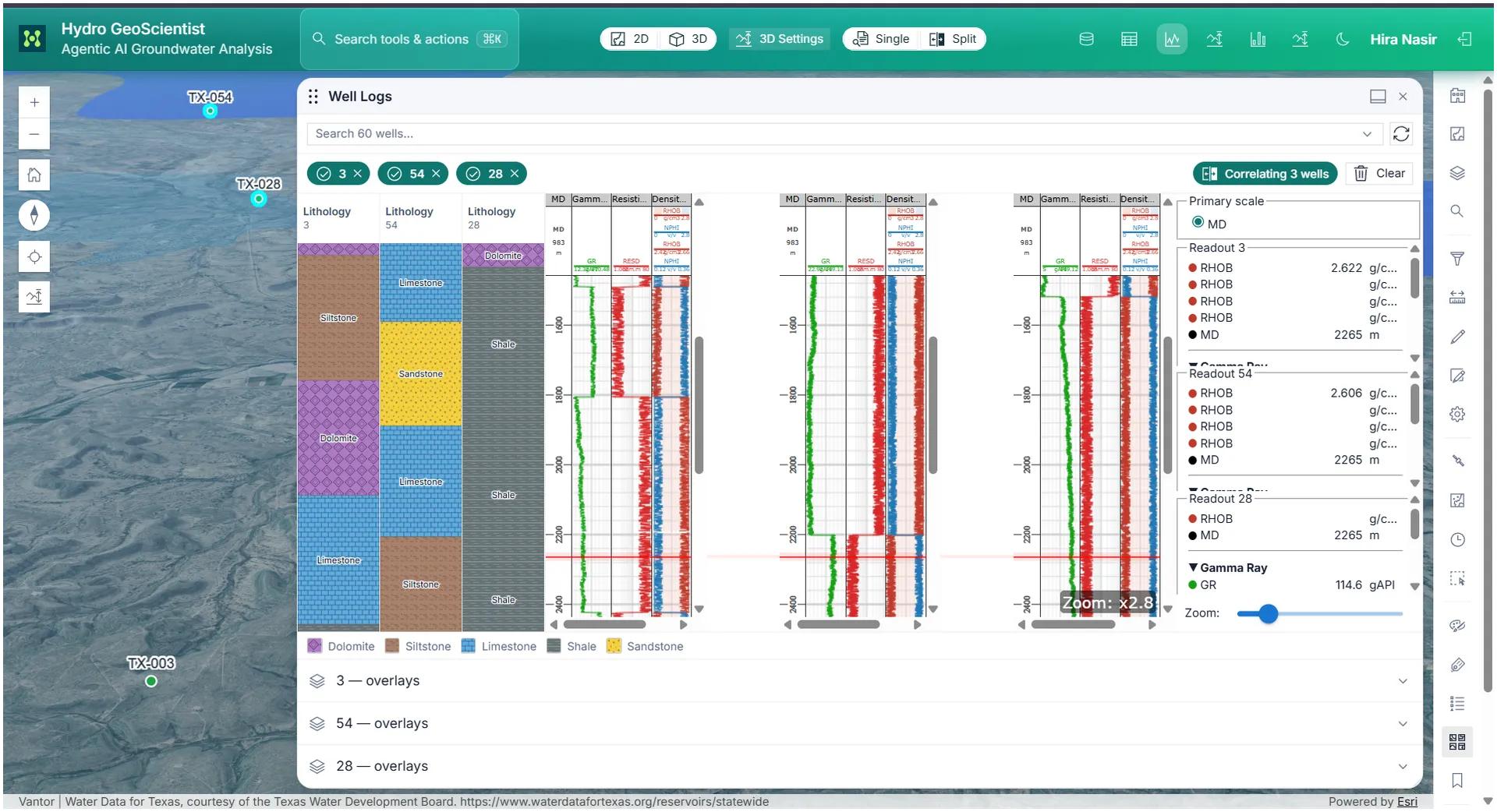 Well logs and correlation panel in a GIS workspace.